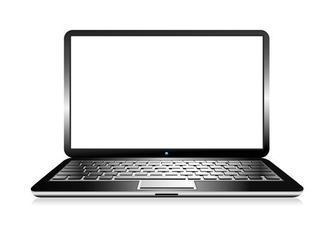 A laptop open showing a white screen