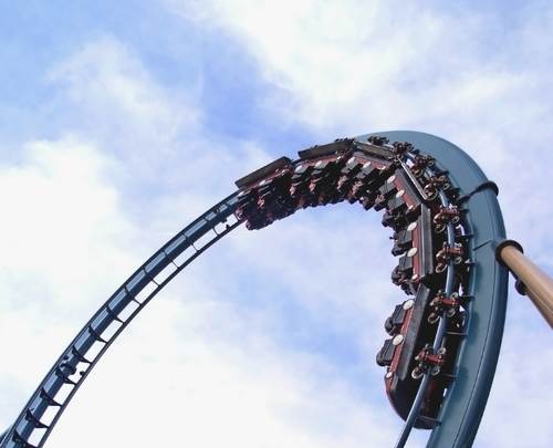 cars upside down on inside loop of roller coaster