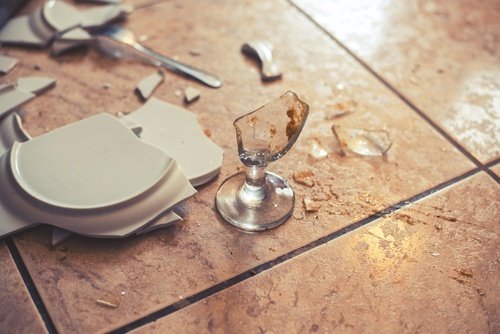 broken plate and glass on a tile floor