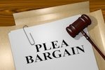 paper that says "plea bargain" with a gavel