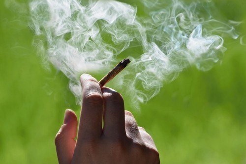 person holding a lit joint of marijuana