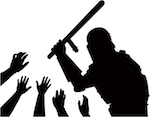 silhouette of police wielding a baton and helpless hands underneath