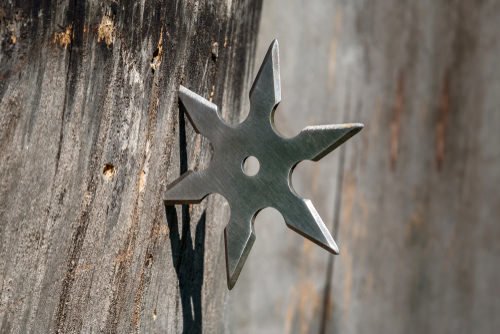 una estrella ninja clavada en un árbol