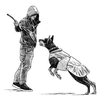 drawing of man training dog to attack
