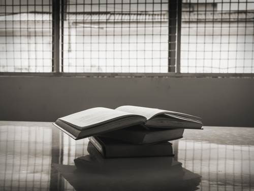 stack of books on a table in a caged-off area