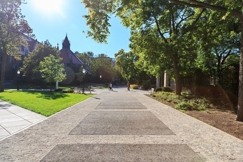 Pasillo en un campus universitario; las víctimas de agresión sexual en el campus pueden presentar una reclamación bajo el Título IX.