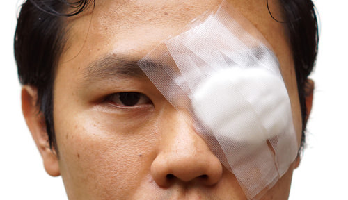 man with bandage over his eye