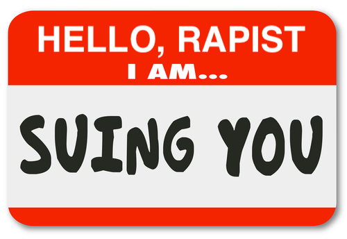 name tag that says, "Hello, Rapist. I am suing you." 