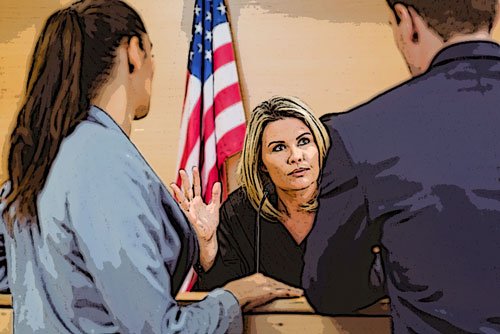dos abogados hablando con el juez en la barra lateral - Las leyes de escudo de violación de California pueden causar que ciertas pruebas sobre presuntas víctimas de violación sean excluidas del tribunal