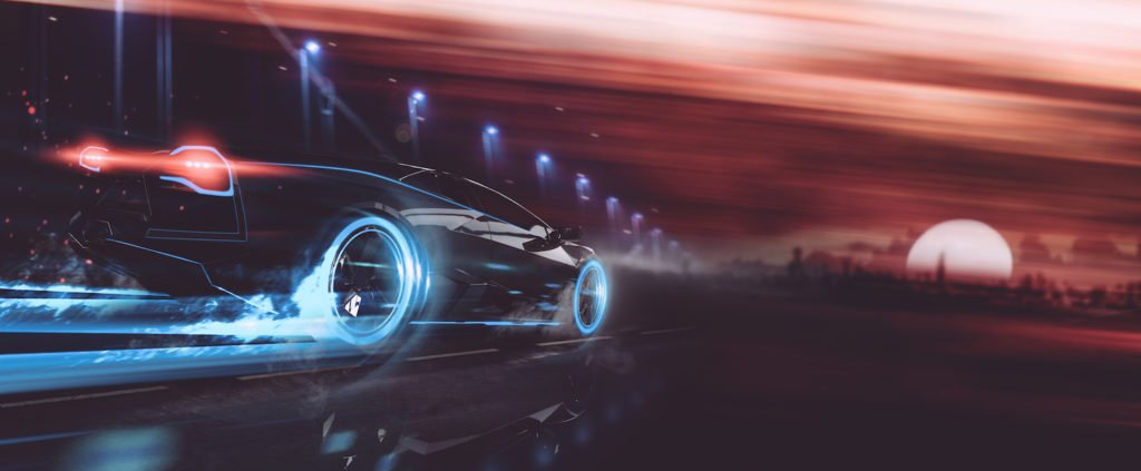 Car speeding on open road with moon in background