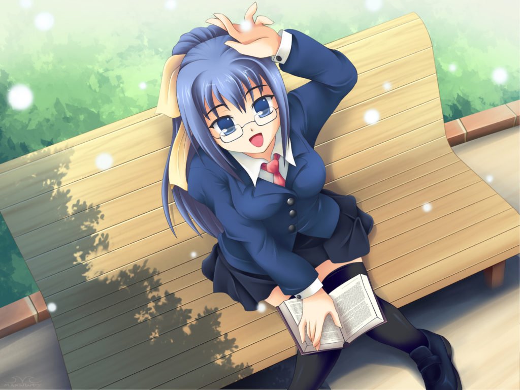 Anime depiction of school girl on bench
