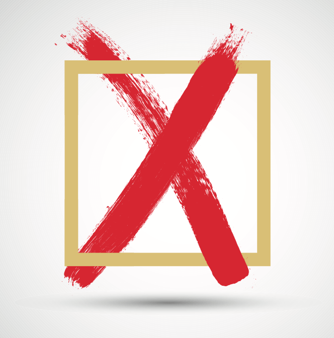 A gold-bordered square with a red x in it against a white background