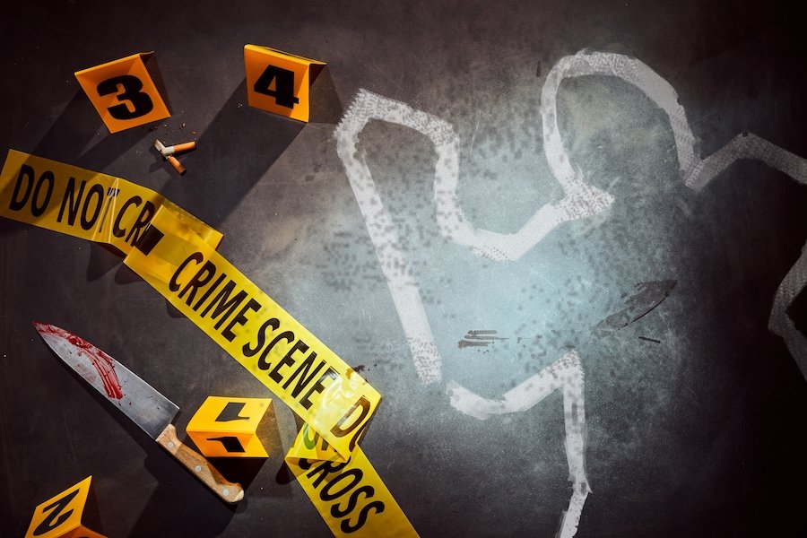 Crime scene tape, bloody knife, and outline of body