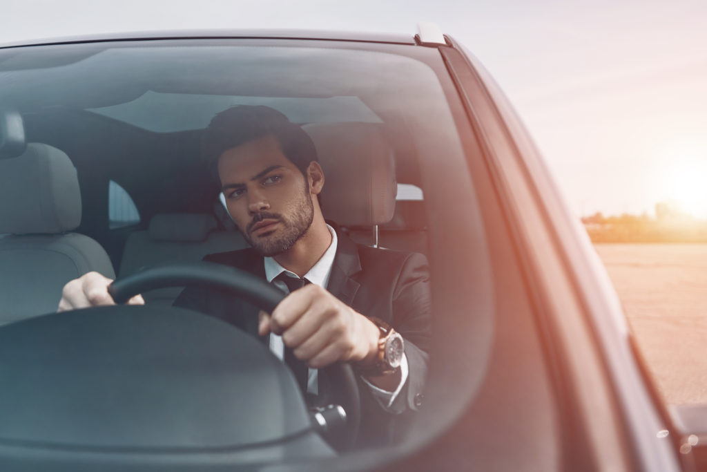 Careful looking driver behind the wheel