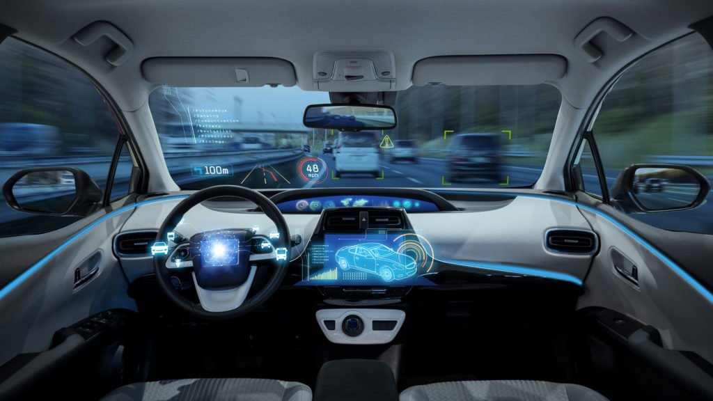 Interior of driverless vehicle on the road