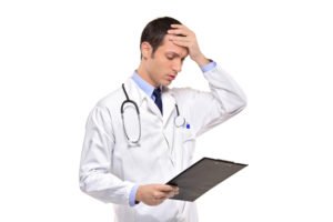 Doctor in white coat holding his head in his hand