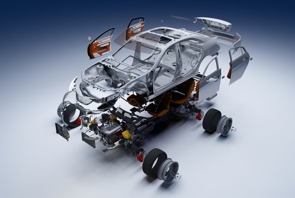modelo mostrando los numerosos componentes de un automóvil moderno