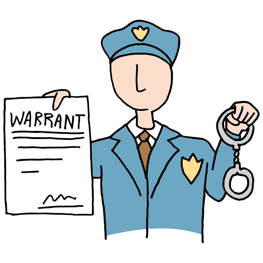 a cartoon of a police officer holding a warrant and cuffs