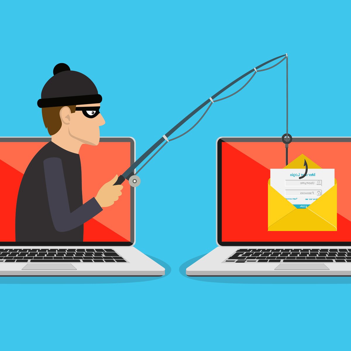 A drawing of a burglar fishing for a document in another computer.