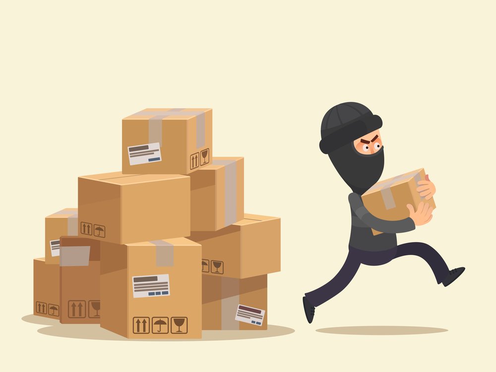 Dibujo de un ladrón robando un paquete como ejemplo de robo de correo según el Código Penal de California 530.5(e)