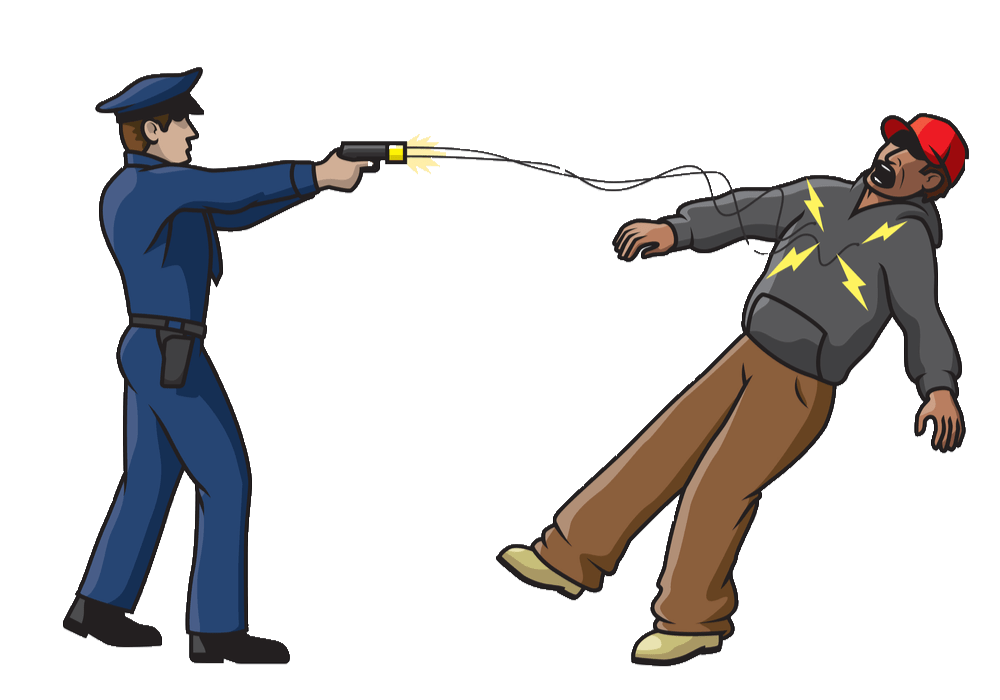 Dibujo de un hombre siendo taseado por un policía