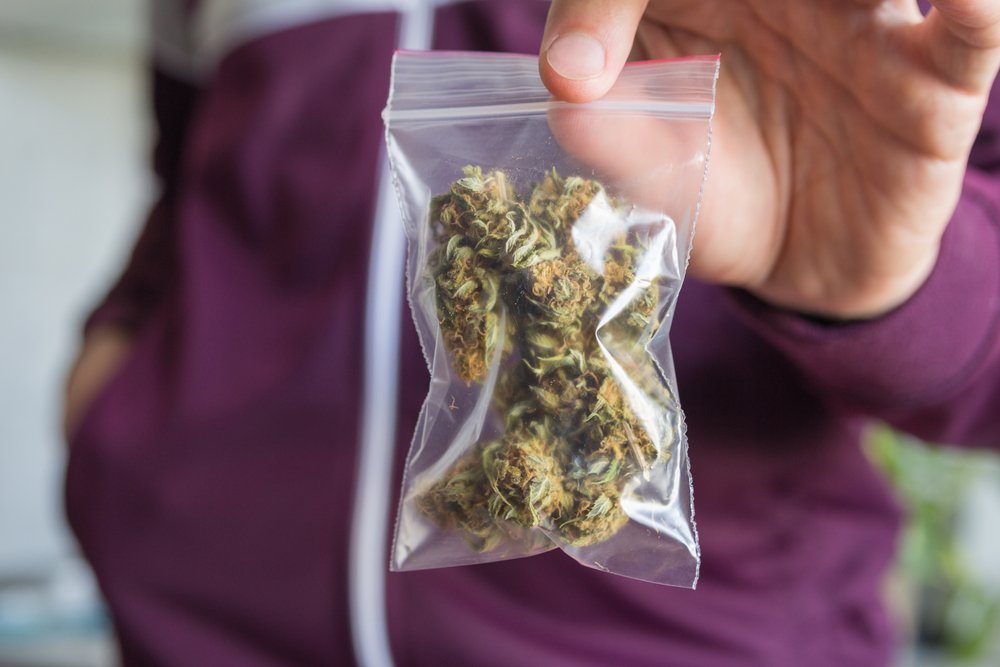 Un hombre sosteniendo una pequeña bolsa de marihuana - la posesión en el terreno K-12 es un delito según el Código de Salud y Seguridad 11357 (c) HS