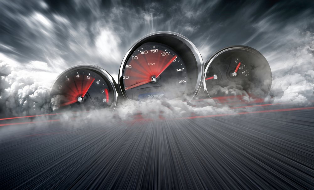 Graphic illustration of speedometers going full tilt.