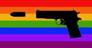 Silhouette of gun against rainbow flag, signifying a homophobic hate crime in Nevada