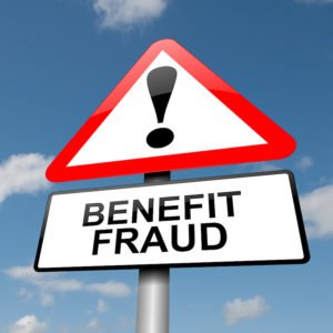 Sign saying "benefit fraud" and an exclamation mark, indicating welfare fraud under WIC 10980. 
