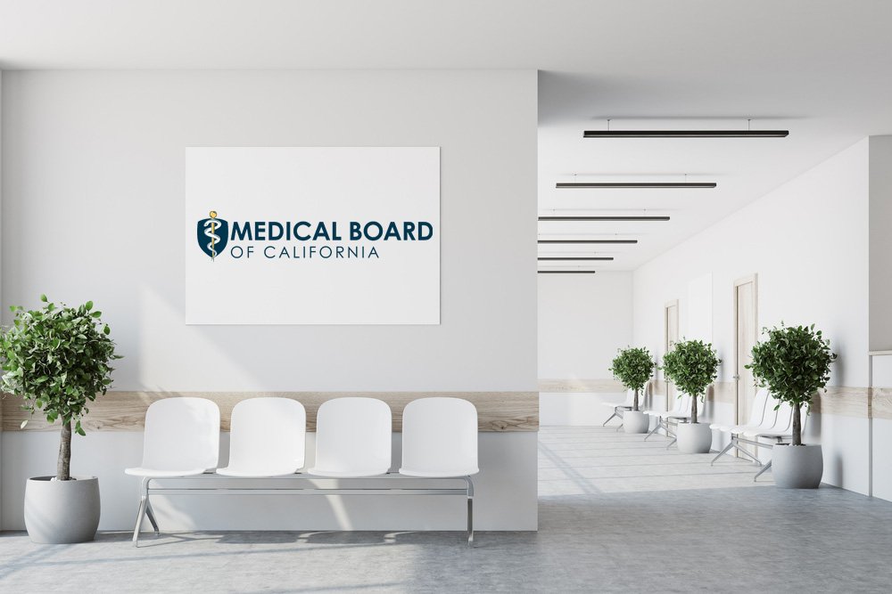 Medical board office with white walls, four white chairs, and four tree plants