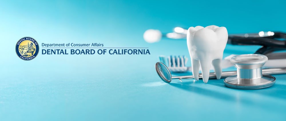 Logo of the California Dental Board next to a graphic of a tooth and dental tools
