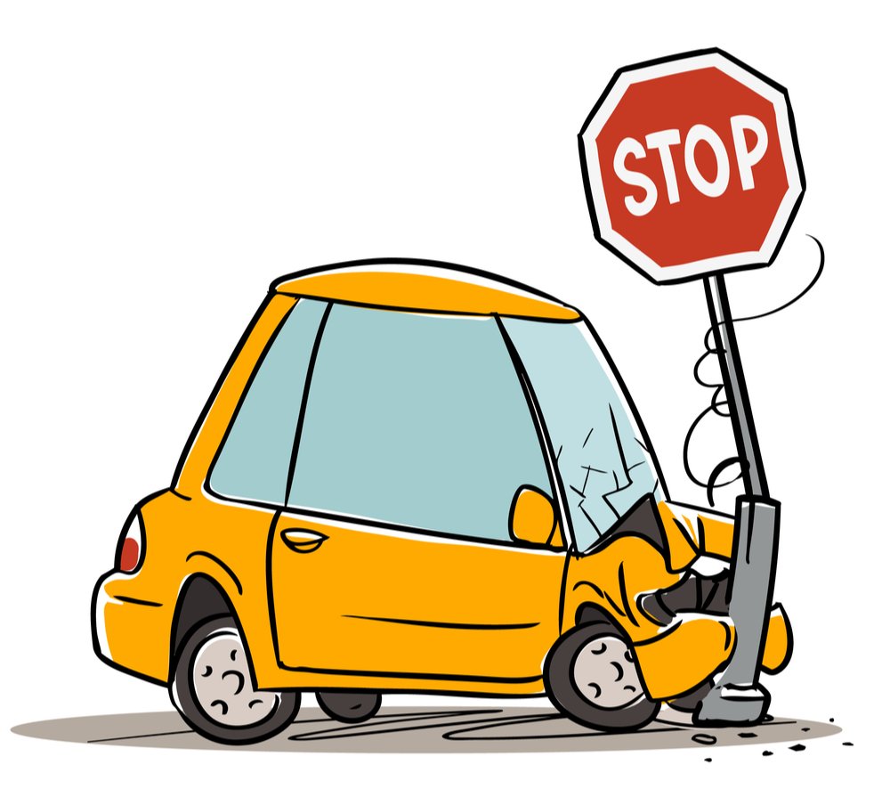 An illustration of a car crashing into a stop sign.
