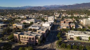 Late afternoon aerial view of buildings in Pomona, California.