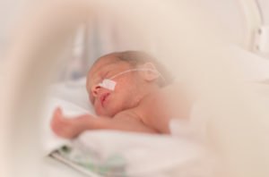 Preemie baby in NICU isolette