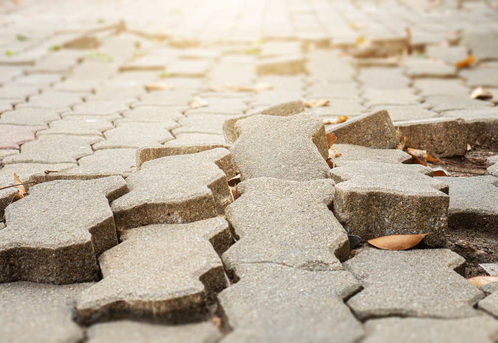 Uneven brick walkway, potentially causing a dangerous accident to happen.