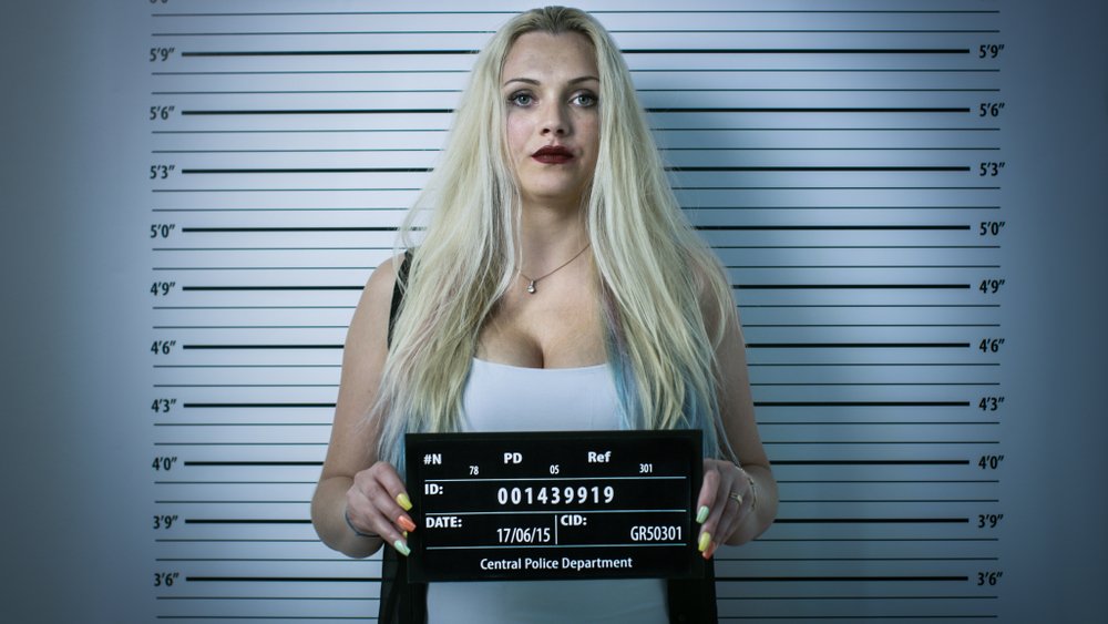 A woman posing for a mugshot.