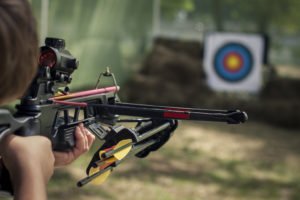 A person aiming a crossbow at a target.