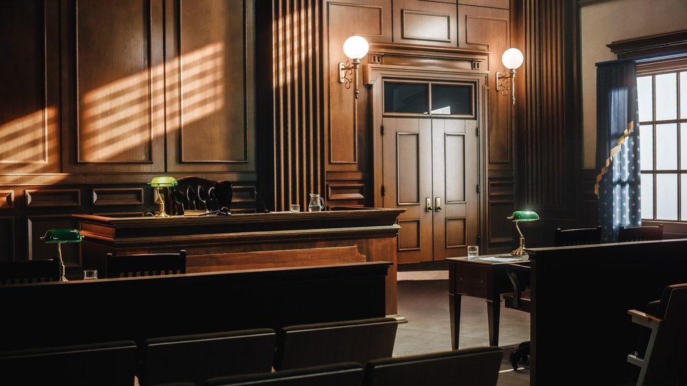 An empty courtroom before the morning criminal calendar, where defendants on bail are expected to appear for their case hearings