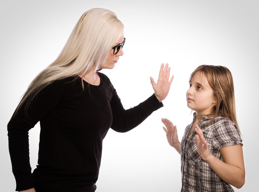 A mother threatening to slap her daughter.