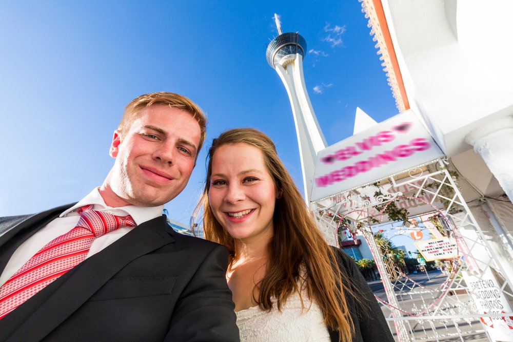 A couple getting married in Las Vegas.
