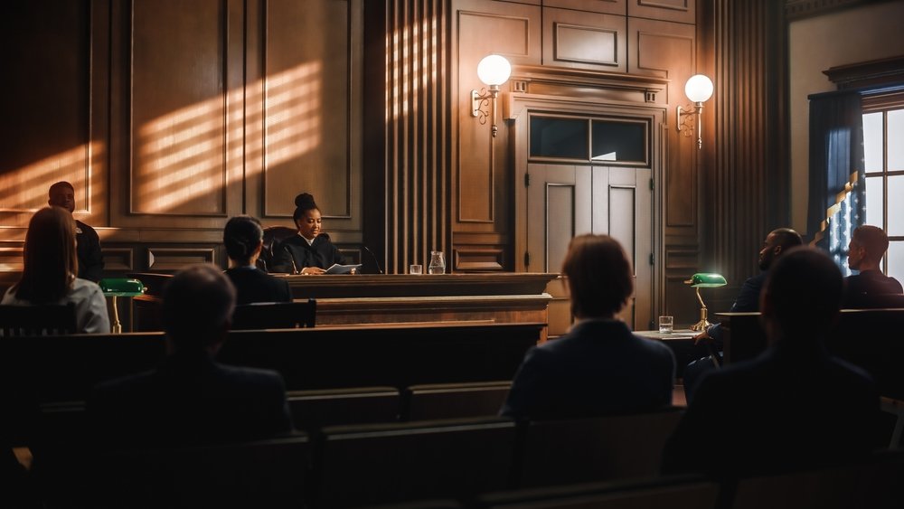 A courtroom with the judge seated at her bench.