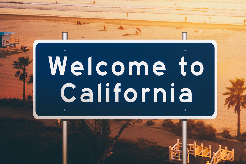 A "Welcome to California" sign.