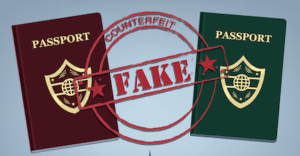 Two passports with a "fake" stamp
