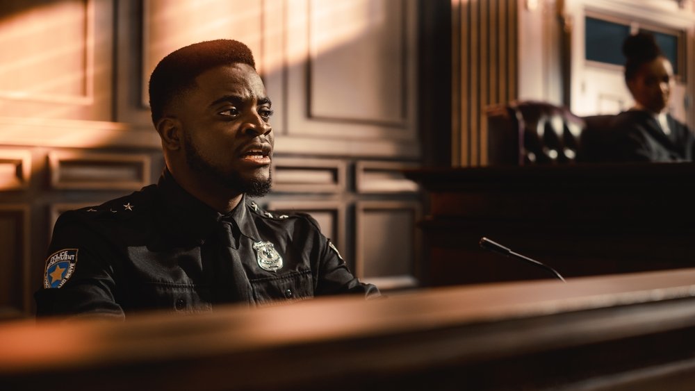 A police officer providing his testimony during a trial.