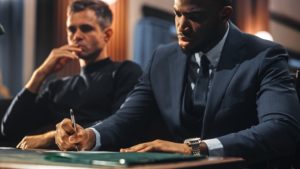 Attorney in court with nervous-looking defendant