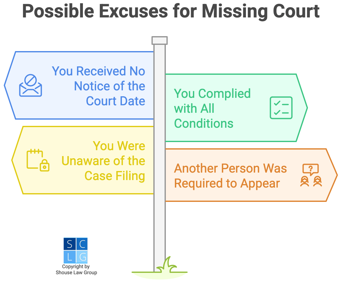 Gráfico que muestra posibles excusas para faltar a la corte, como no haber recibido un aviso de la corte