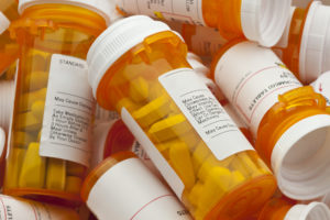 Bottles of prescription pharmaceutical drugs.