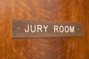 A door sign for the jury room, where a jury might come to a disagreement, leading to a "hung jury."