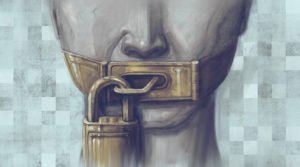An art piece featuring a locked mouth representing the lack of freedom in regards to speech.