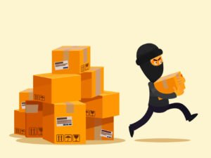A thief taking off with a package, potentially leading to a robbery or larceny charge, depending on the circumstances.